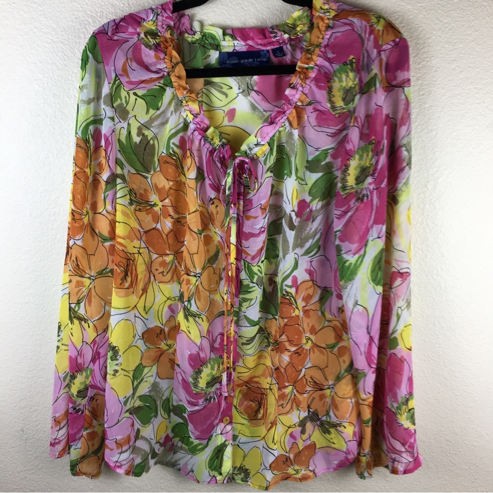 Susan Graver Women's Sheer Floral Pink Chiffon Button Up Blouse Size L